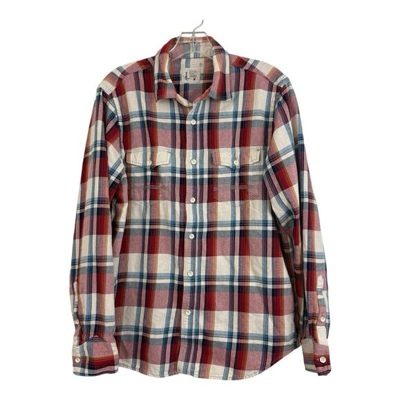 Howe Flannel Shirt Mens Sz Medium Red Blue Plaid Button Up Creative Workforce - Picture 2 of 12